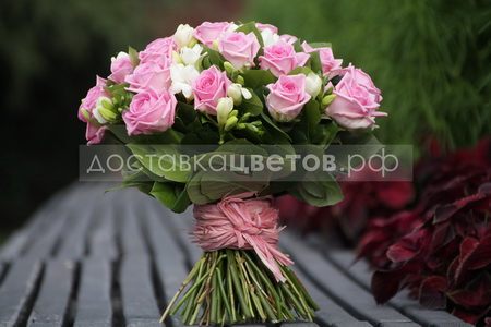 Букет из розовых роз с фрезией "Нежная любовь"